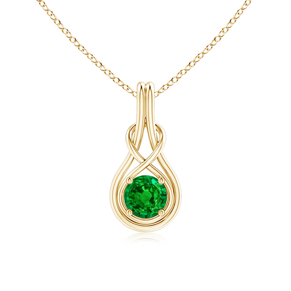 6mm AAAA Round Emerald Solitaire Infinity Knot Pendant in Yellow Gold 