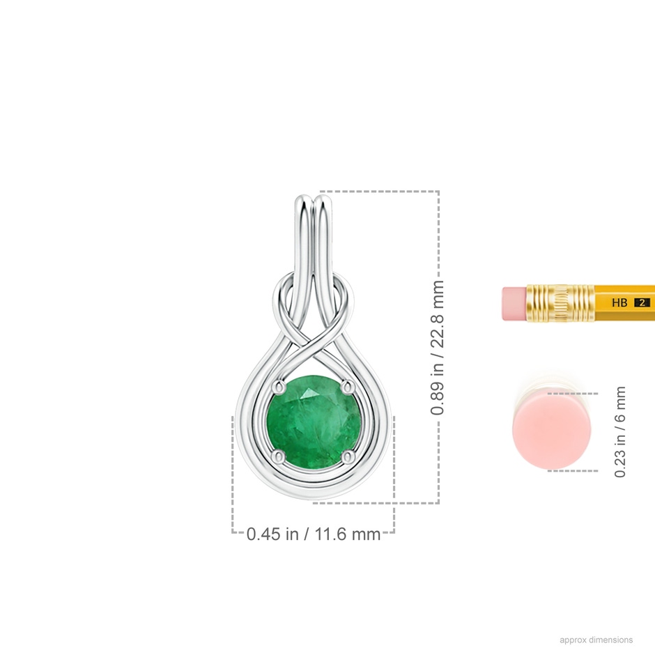 7mm A Round Emerald Solitaire Infinity Knot Pendant in White Gold ruler