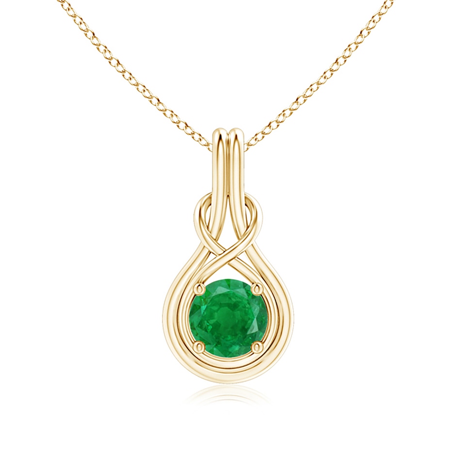 7mm AA Round Emerald Solitaire Infinity Knot Pendant in Yellow Gold 