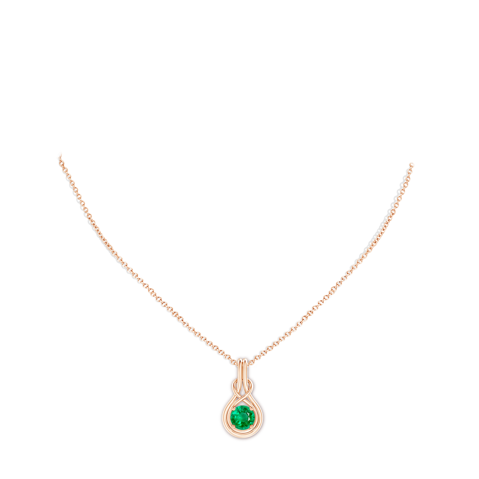 7mm AAA Round Emerald Solitaire Infinity Knot Pendant in Rose Gold pen