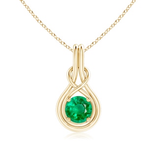7mm AAA Round Emerald Solitaire Infinity Knot Pendant in Yellow Gold