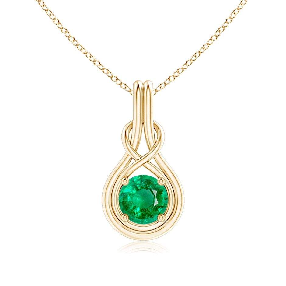 7mm AAA Round Emerald Solitaire Infinity Knot Pendant in Yellow Gold 