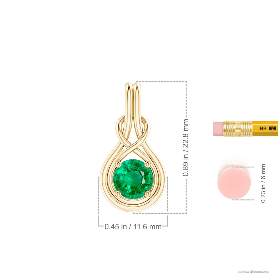 7mm AAA Round Emerald Solitaire Infinity Knot Pendant in Yellow Gold ruler