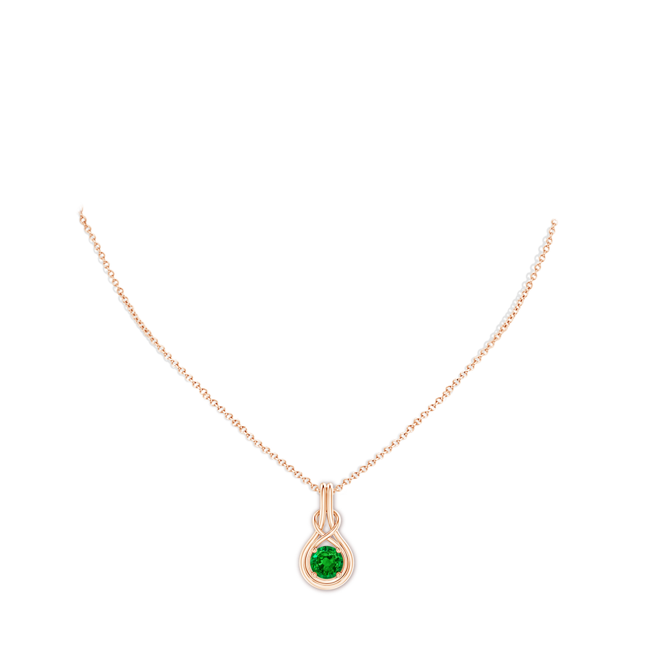 7mm AAAA Round Emerald Solitaire Infinity Knot Pendant in Rose Gold pen