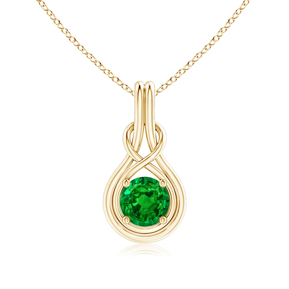 7mm AAAA Round Emerald Solitaire Infinity Knot Pendant in Yellow Gold 