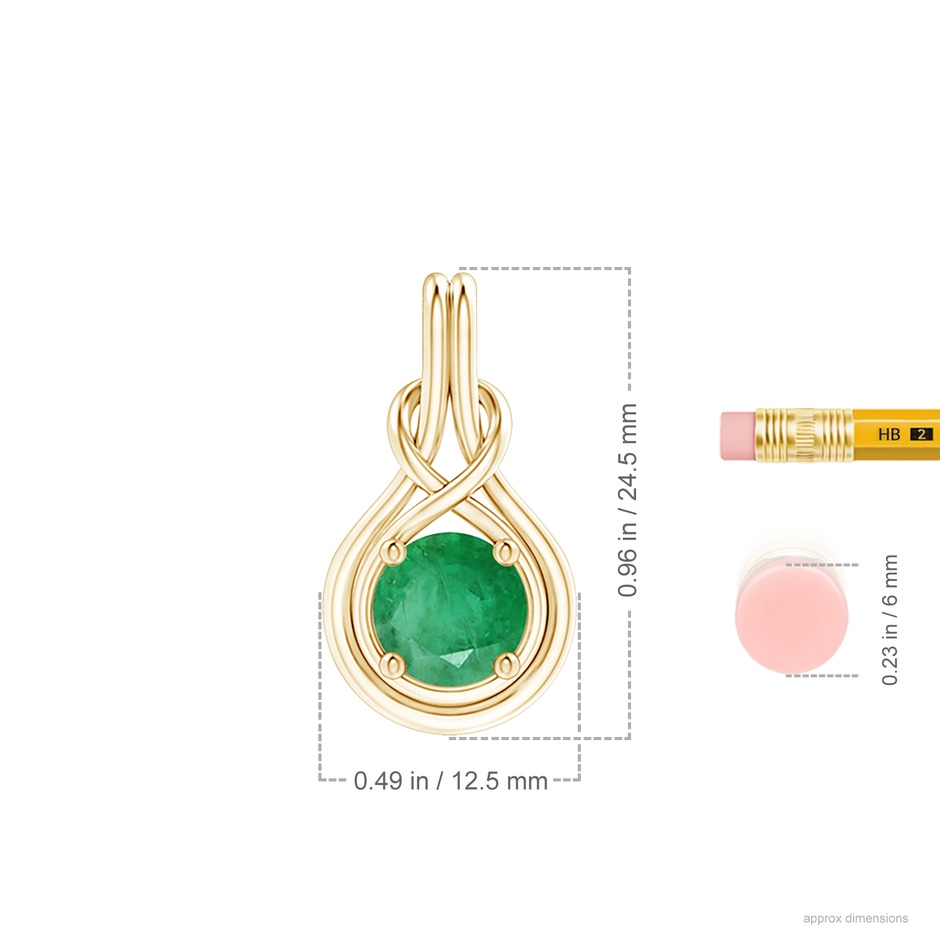 8mm A Round Emerald Solitaire Infinity Knot Pendant in 18K Yellow Gold ruler