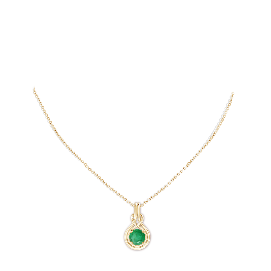 8mm A Round Emerald Solitaire Infinity Knot Pendant in 18K Yellow Gold pen