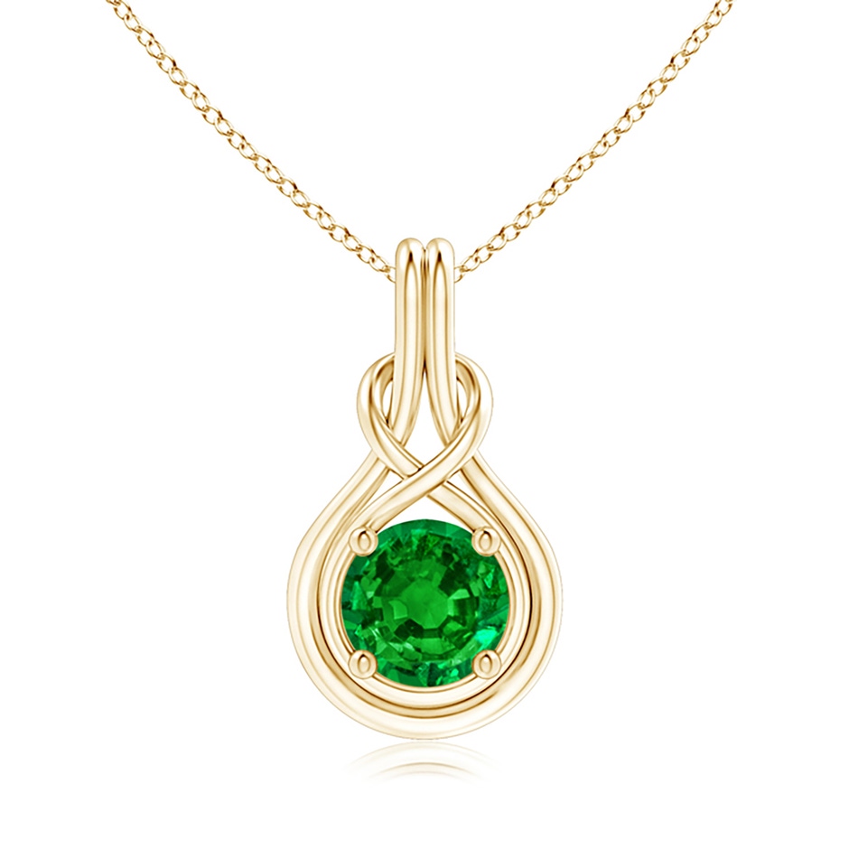 8mm AAAA Round Emerald Solitaire Infinity Knot Pendant in Yellow Gold 