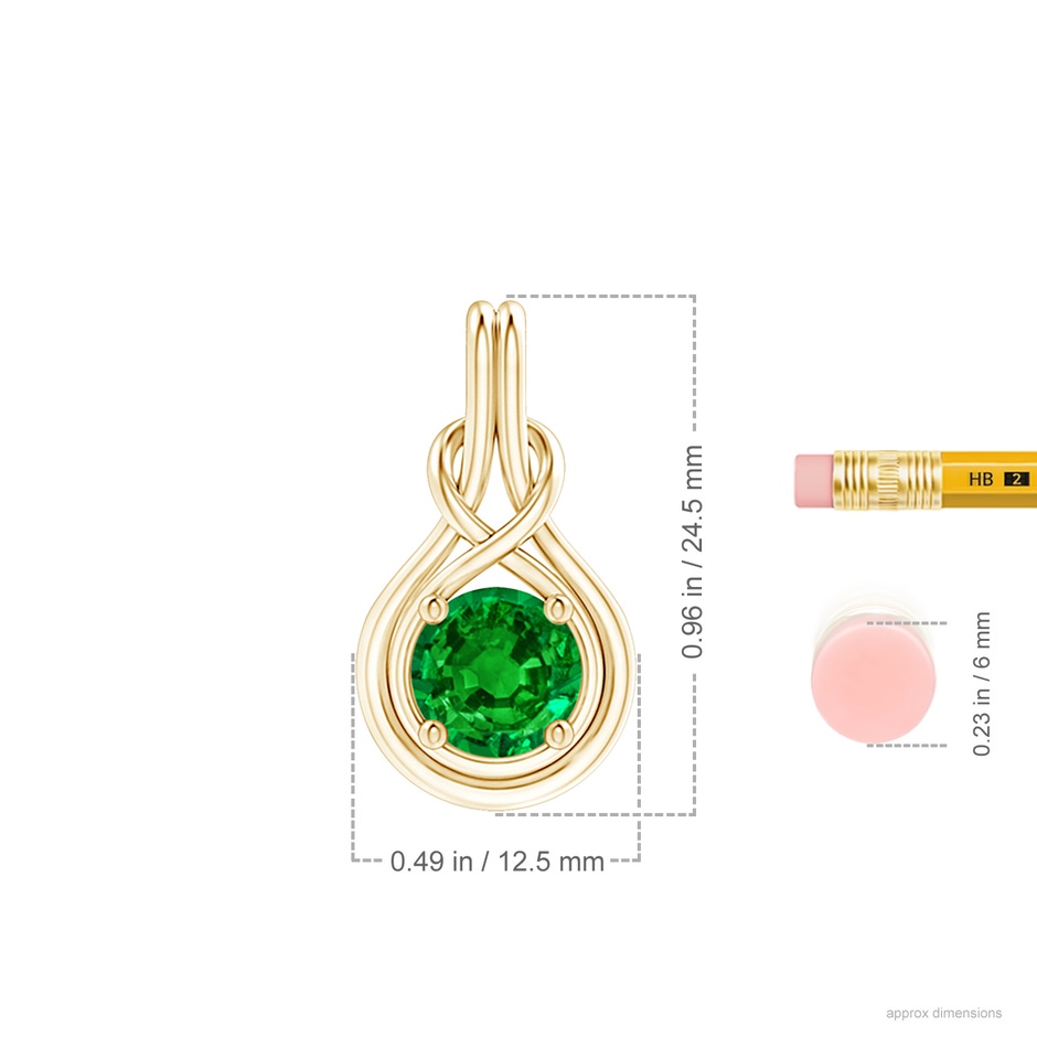 8mm AAAA Round Emerald Solitaire Infinity Knot Pendant in Yellow Gold ruler