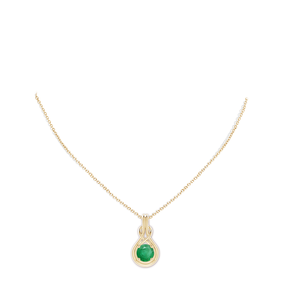9mm A Round Emerald Solitaire Infinity Knot Pendant in Yellow Gold pen