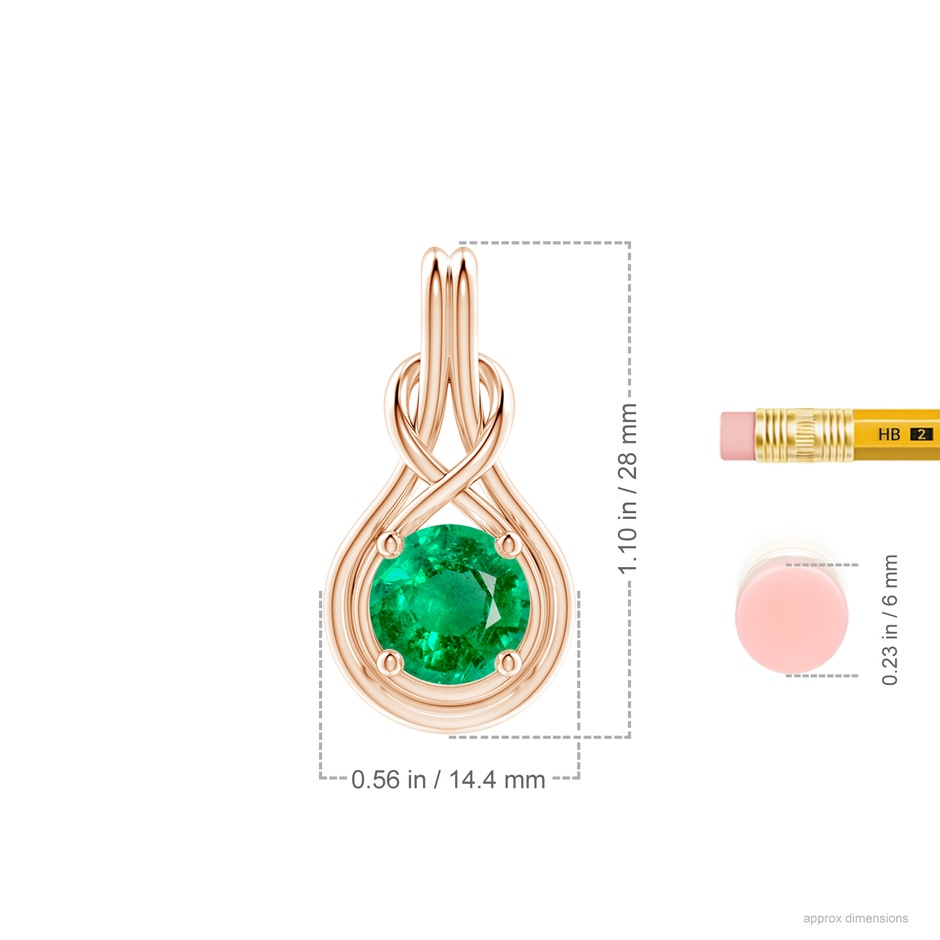 9mm AAA Round Emerald Solitaire Infinity Knot Pendant in Rose Gold ruler