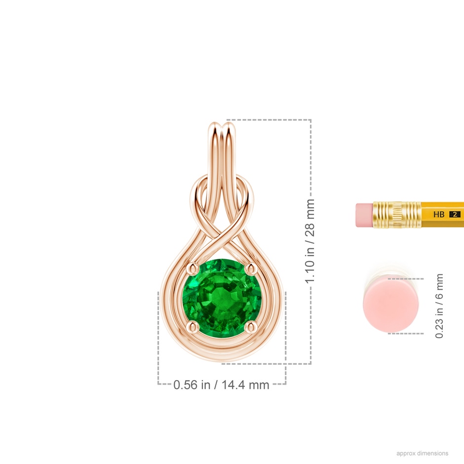 9mm AAAA Round Emerald Solitaire Infinity Knot Pendant in 18K Rose Gold ruler