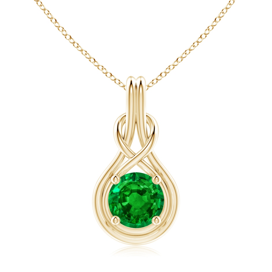 9mm AAAA Round Emerald Solitaire Infinity Knot Pendant in Yellow Gold 