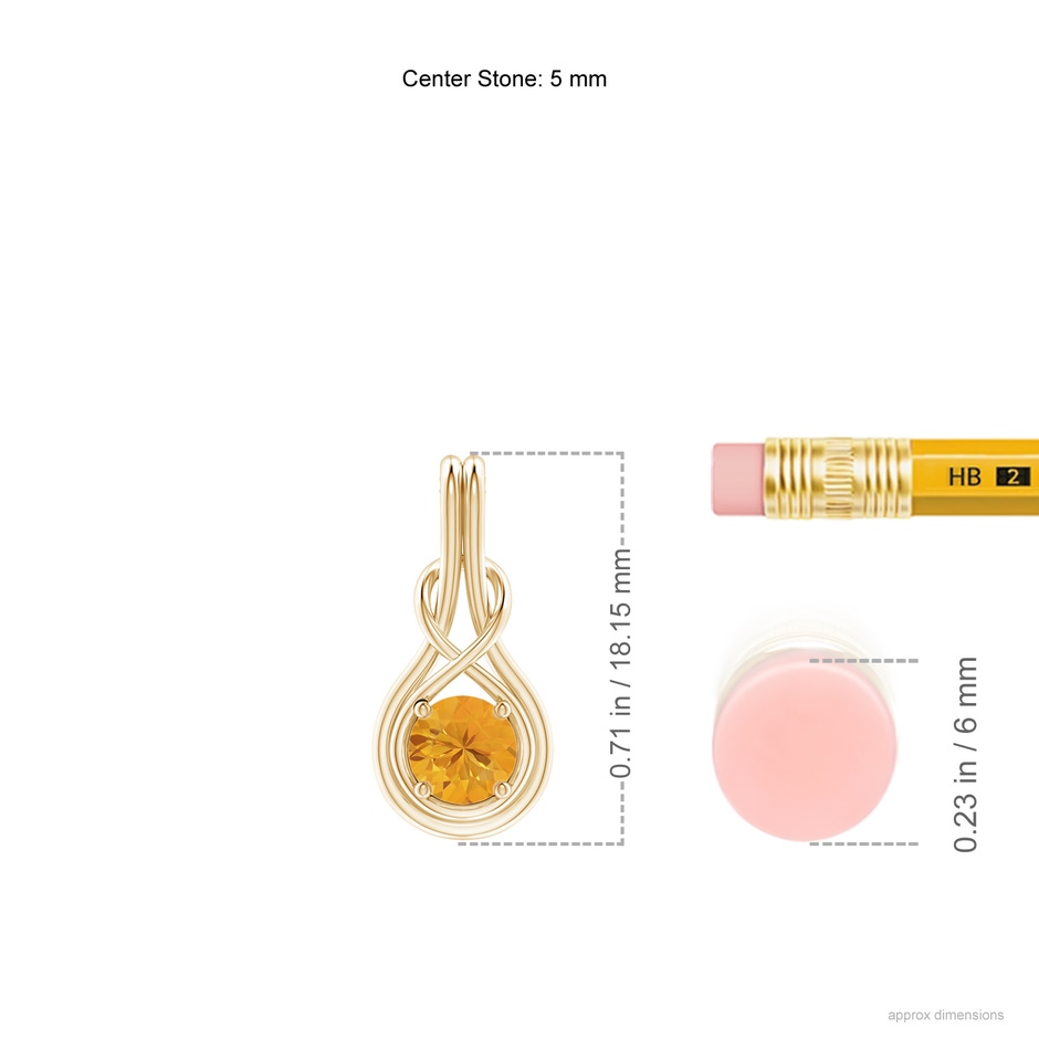 5mm A Round Fire Opal Solitaire Infinity Knot Pendant in Yellow Gold ruler