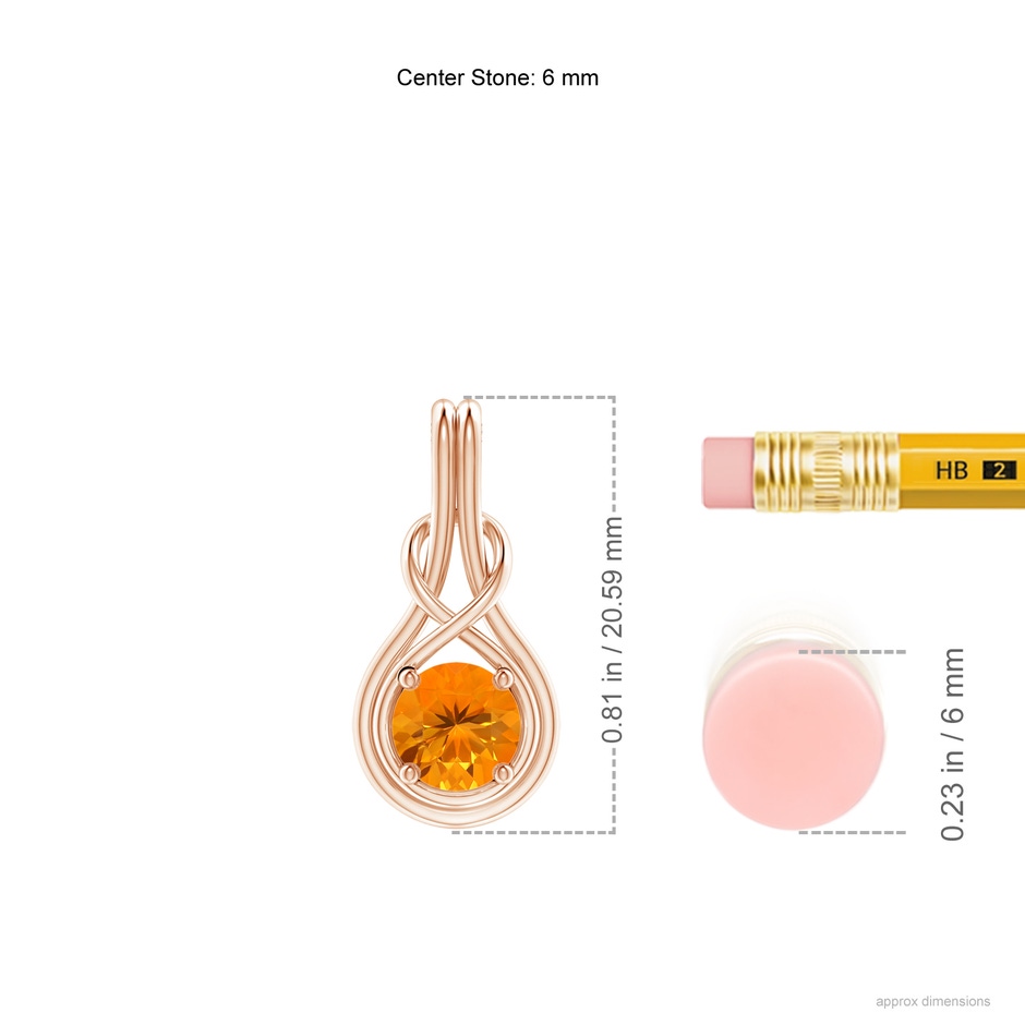 6mm AA Round Fire Opal Solitaire Infinity Knot Pendant in Rose Gold ruler