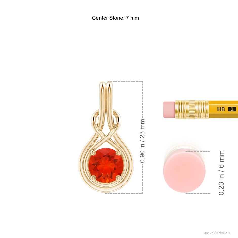 7mm AAAA Round Fire Opal Solitaire Infinity Knot Pendant in Yellow Gold ruler