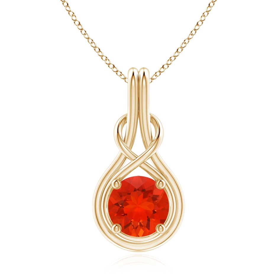 8mm AAAA Round Fire Opal Solitaire Infinity Knot Pendant in Yellow Gold 