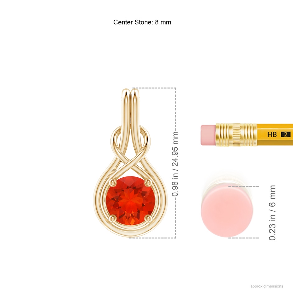 8mm AAAA Round Fire Opal Solitaire Infinity Knot Pendant in Yellow Gold ruler
