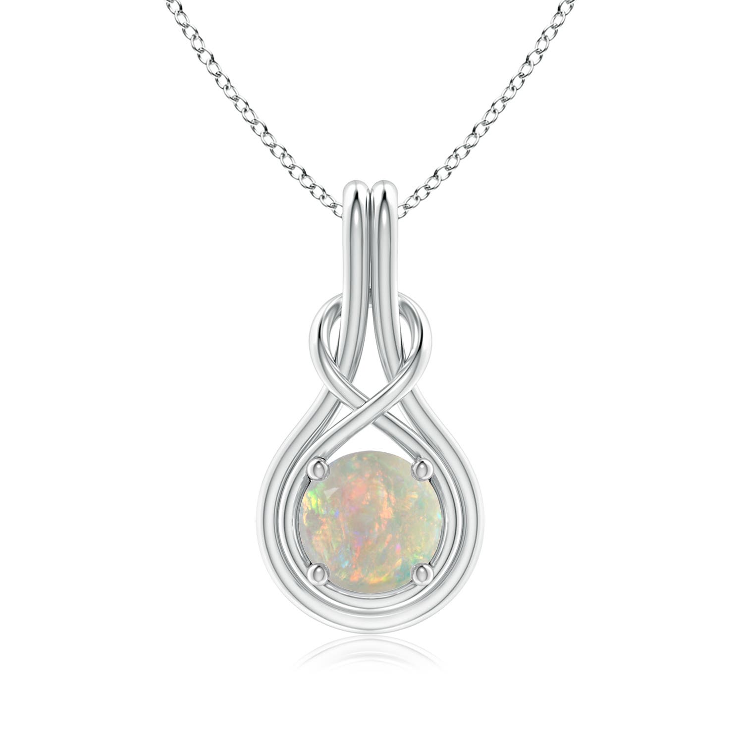 7mm AAAA Round Opal Solitaire Infinity Knot Pendant in 18K White Gold