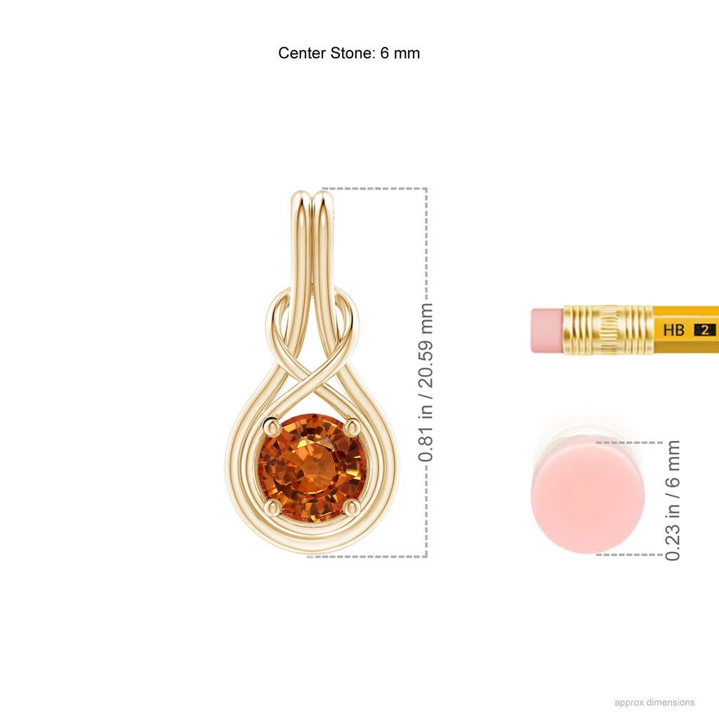 6mm AAAA Round Orange Sapphire Solitaire Infinity Knot Pendant in Yellow Gold Ruler