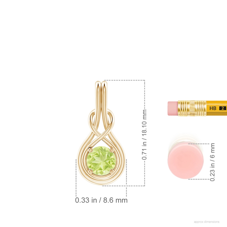 5mm A Round Peridot Solitaire Infinity Knot Pendant in Yellow Gold ruler