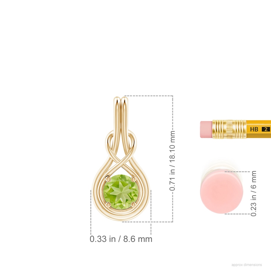 5mm AA Round Peridot Solitaire Infinity Knot Pendant in Yellow Gold ruler