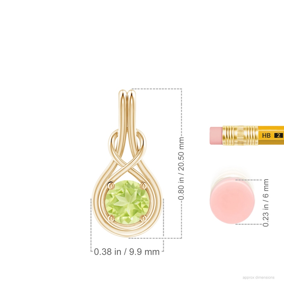 6mm A Round Peridot Solitaire Infinity Knot Pendant in Yellow Gold ruler
