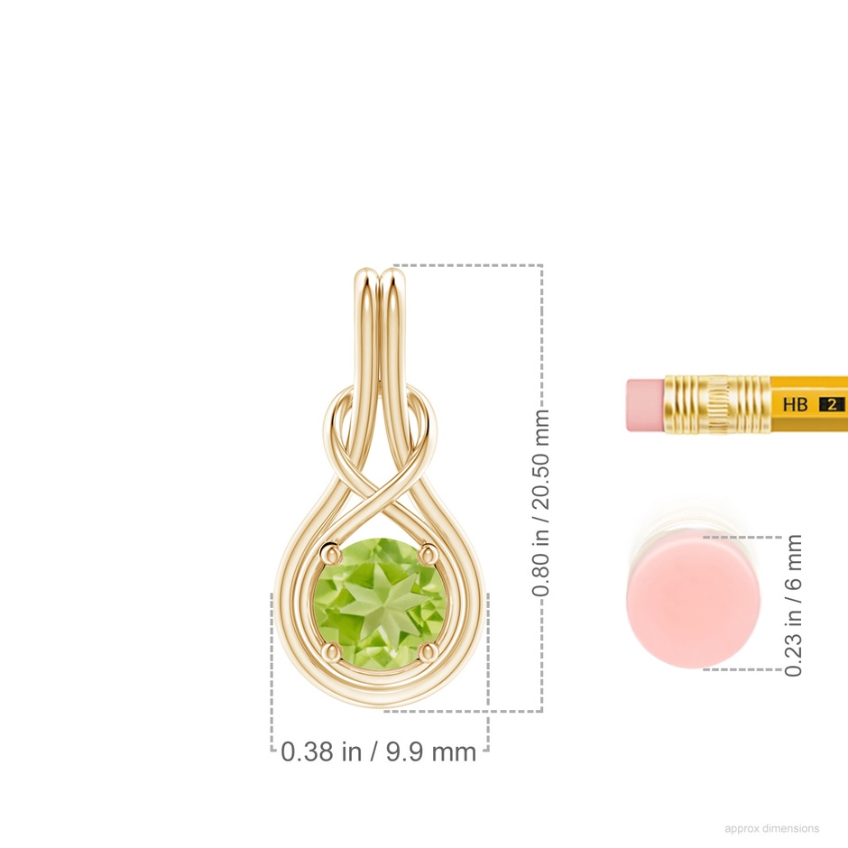 6mm AA Round Peridot Solitaire Infinity Knot Pendant in Yellow Gold ruler