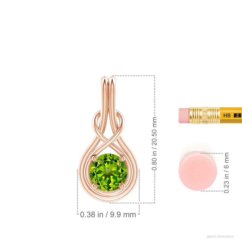 6mm AAAA Round Peridot Solitaire Infinity Knot Pendant in Rose Gold ruler
