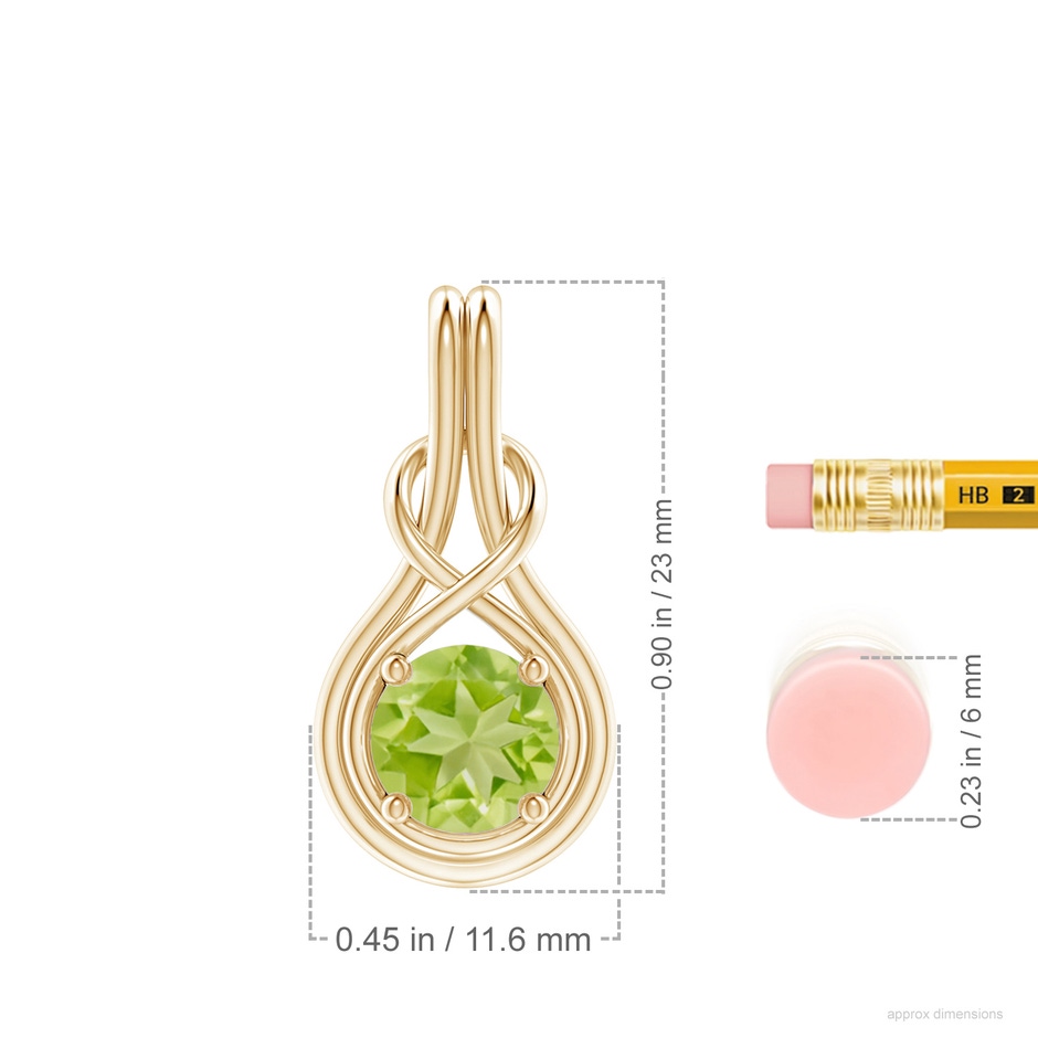 7mm AA Round Peridot Solitaire Infinity Knot Pendant in Yellow Gold ruler
