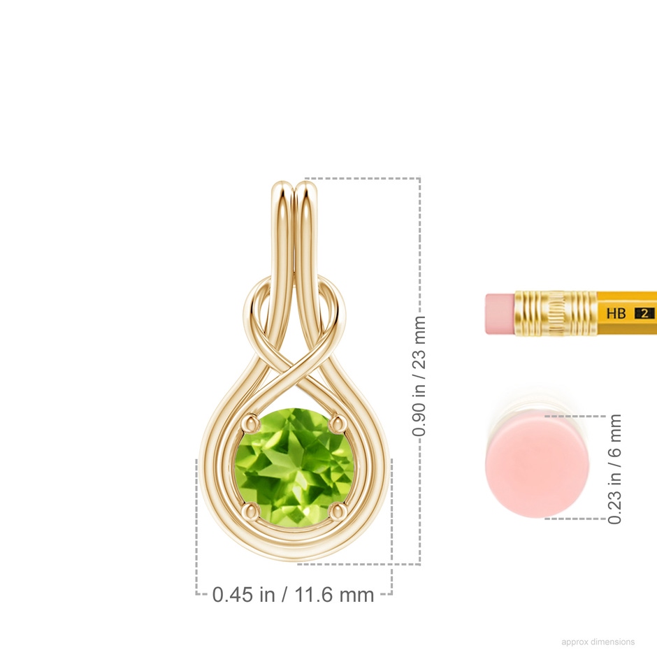 7mm AAA Round Peridot Solitaire Infinity Knot Pendant in Yellow Gold ruler
