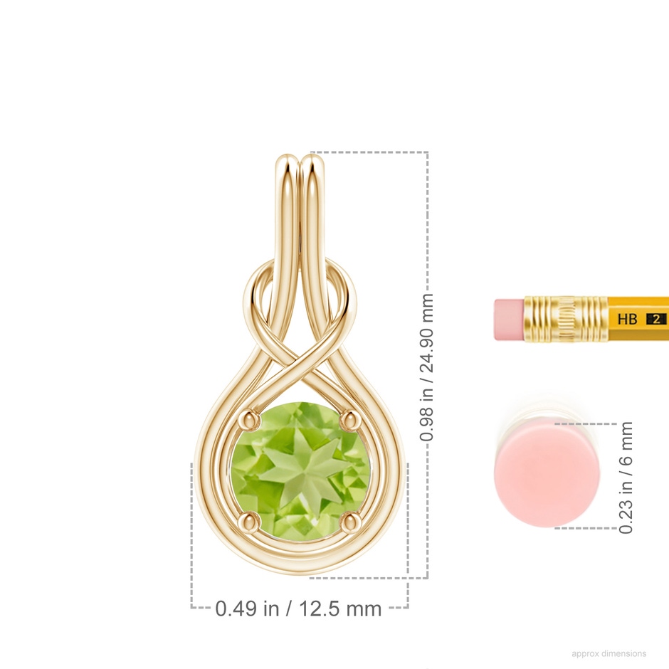 8mm AA Round Peridot Solitaire Infinity Knot Pendant in Yellow Gold ruler