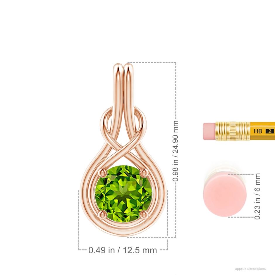 8mm AAAA Round Peridot Solitaire Infinity Knot Pendant in 18K Rose Gold ruler