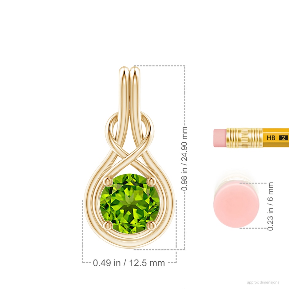 8mm AAAA Round Peridot Solitaire Infinity Knot Pendant in Yellow Gold ruler