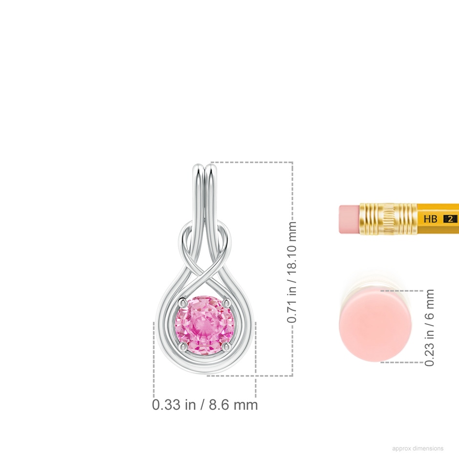 5mm A Round Pink Sapphire Solitaire Infinity Knot Pendant in White Gold ruler