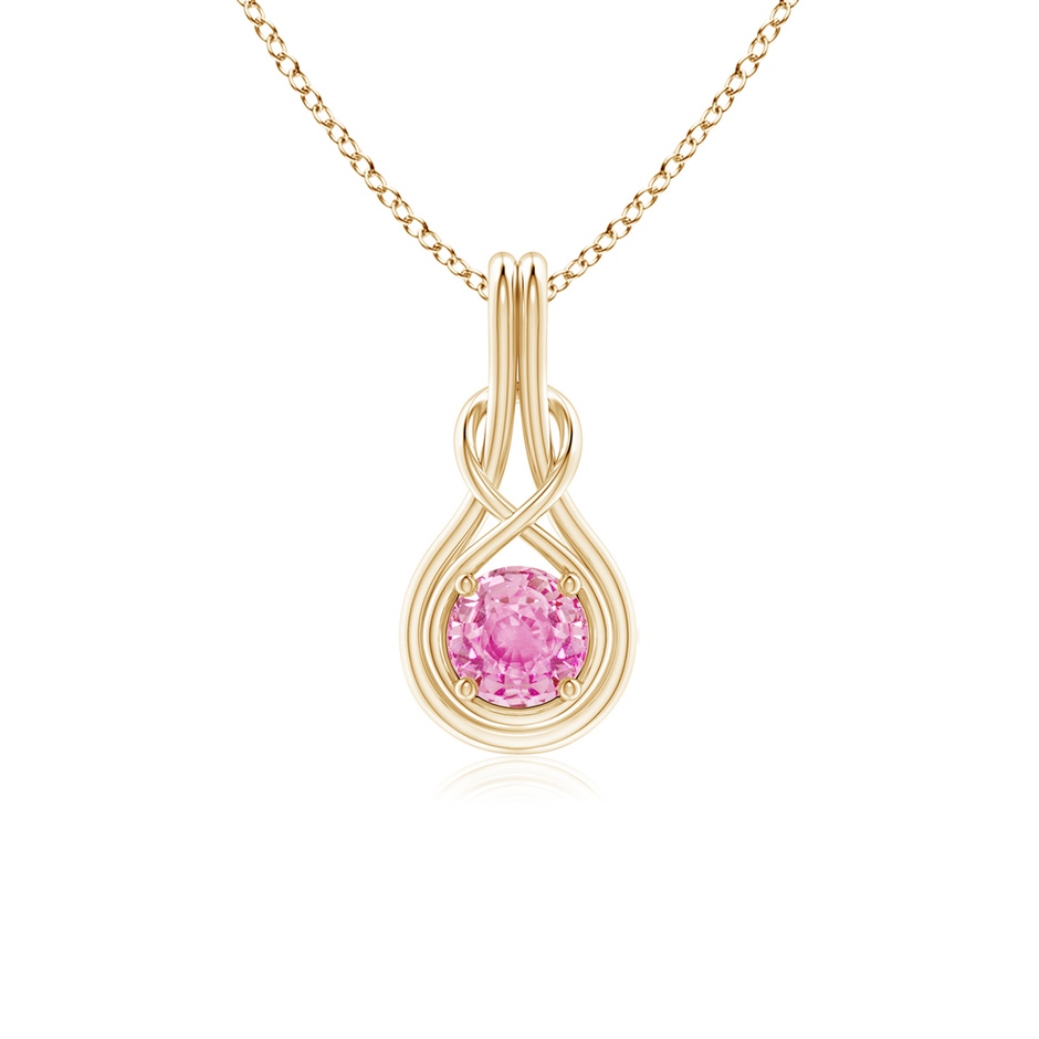 5mm A Round Pink Sapphire Solitaire Infinity Knot Pendant in Yellow Gold 