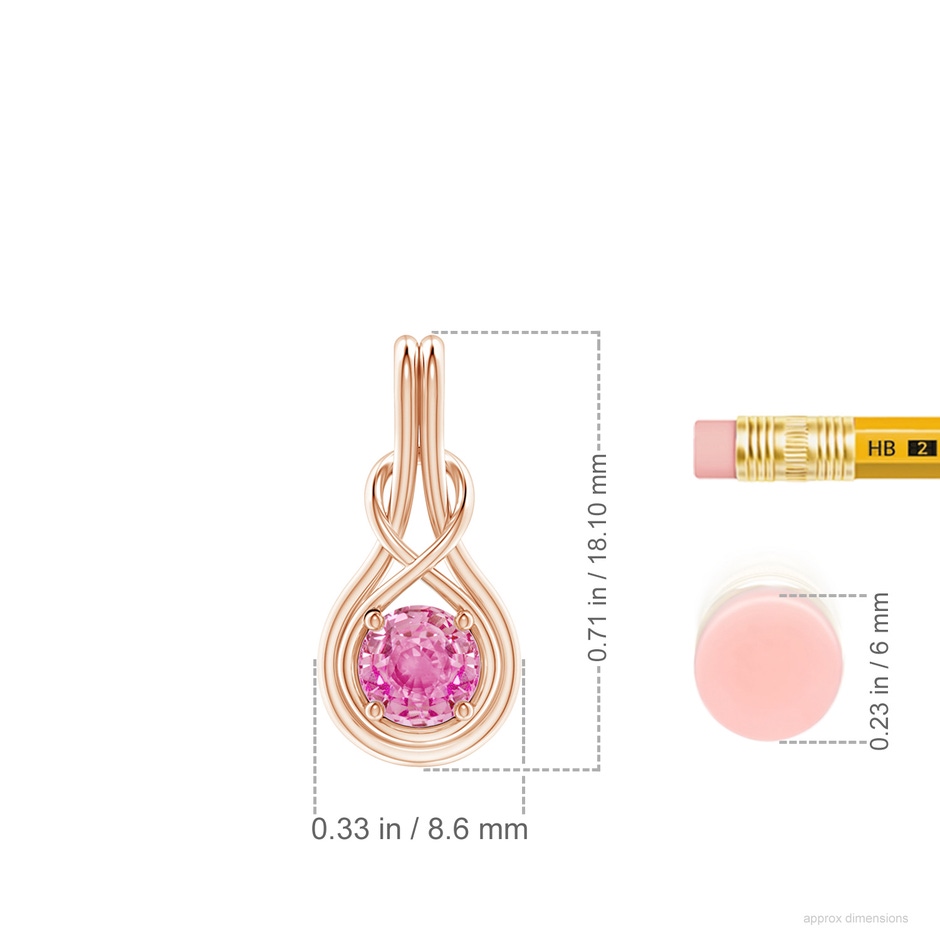 5mm AA Round Pink Sapphire Solitaire Infinity Knot Pendant in Rose Gold ruler
