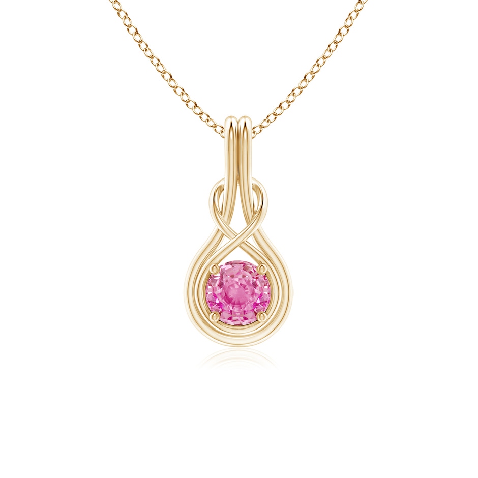 5mm AA Round Pink Sapphire Solitaire Infinity Knot Pendant in Yellow Gold 