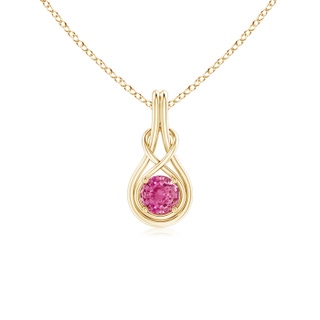 5mm AAA Round Pink Sapphire Solitaire Infinity Knot Pendant in Yellow Gold