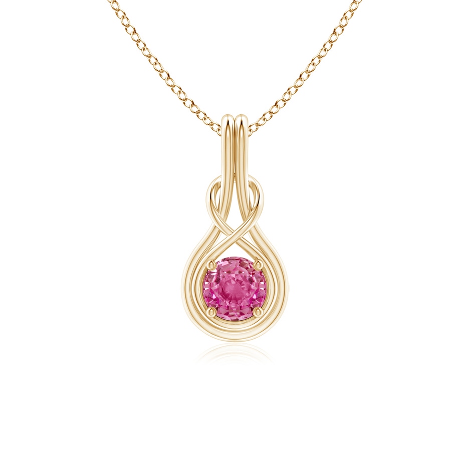 5mm AAA Round Pink Sapphire Solitaire Infinity Knot Pendant in Yellow Gold 