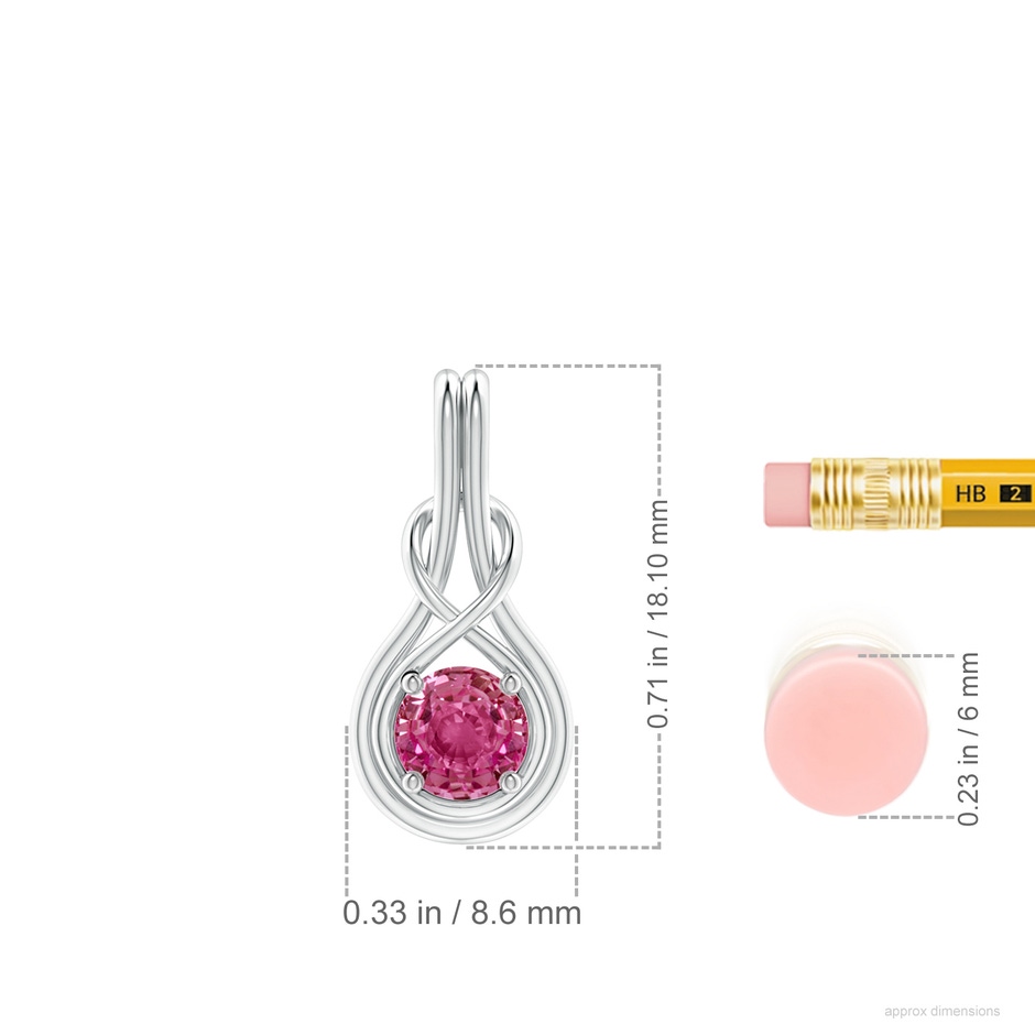 5mm AAAA Round Pink Sapphire Solitaire Infinity Knot Pendant in White Gold ruler