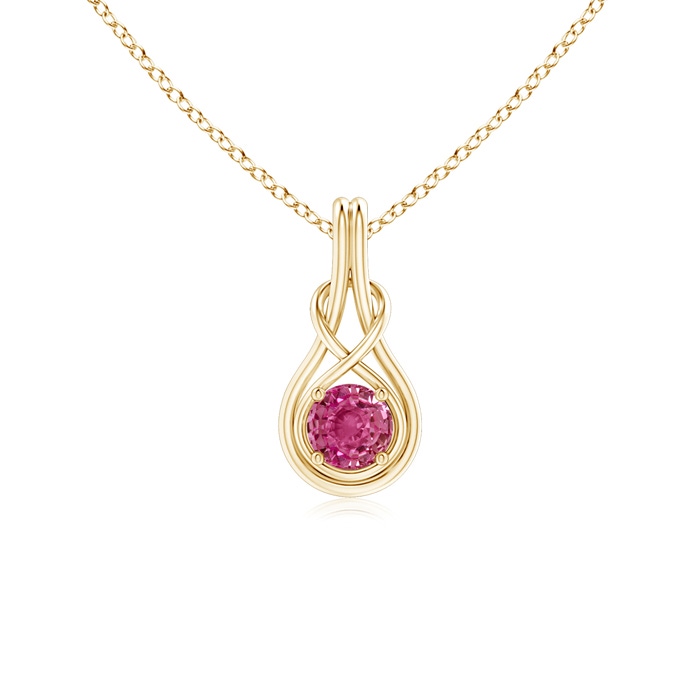 5mm AAAA Round Pink Sapphire Solitaire Infinity Knot Pendant in Yellow Gold