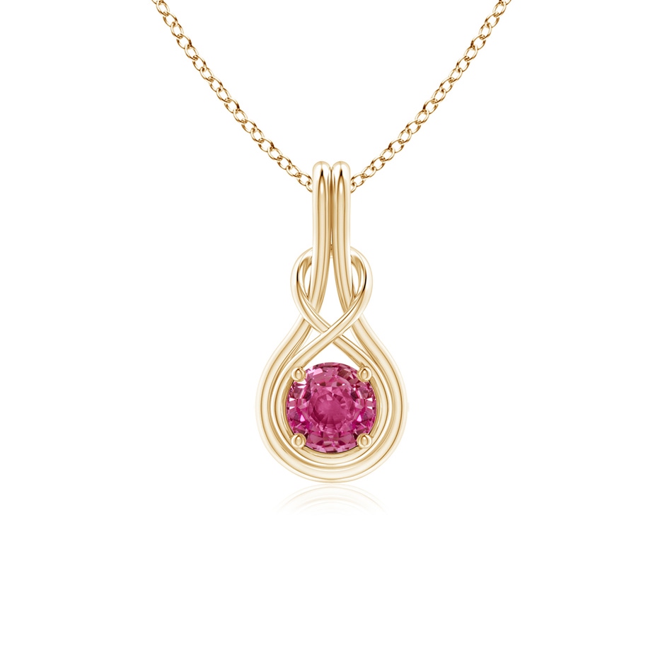 5mm AAAA Round Pink Sapphire Solitaire Infinity Knot Pendant in Yellow Gold 