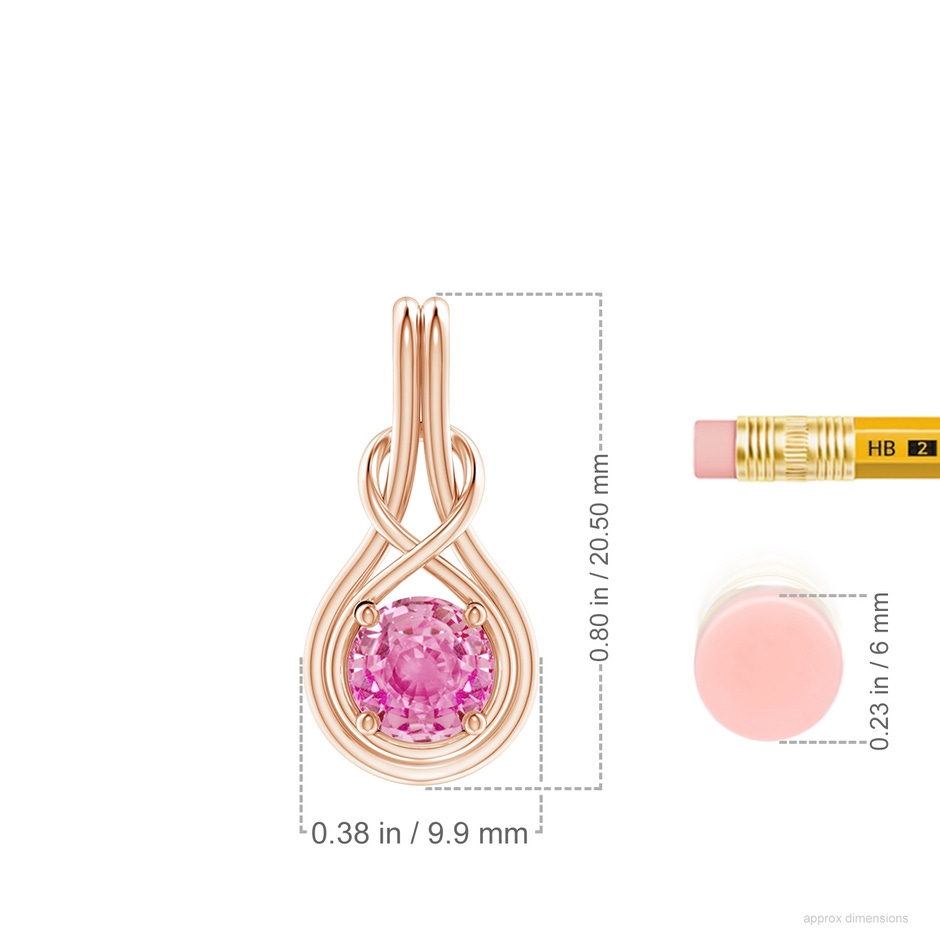 6mm AA Round Pink Sapphire Solitaire Infinity Knot Pendant in Rose Gold ruler