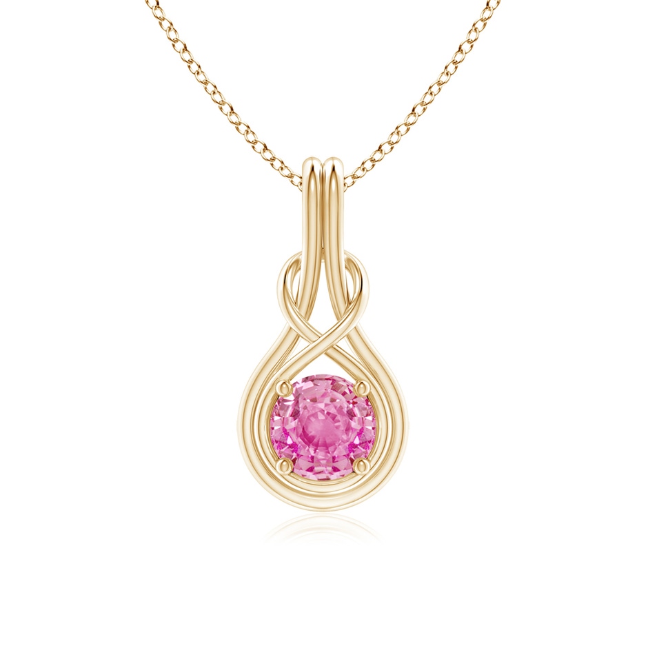 6mm AA Round Pink Sapphire Solitaire Infinity Knot Pendant in Yellow Gold 
