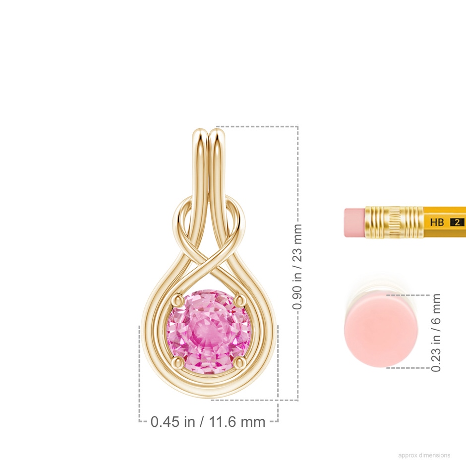 7mm A Round Pink Sapphire Solitaire Infinity Knot Pendant in Yellow Gold ruler
