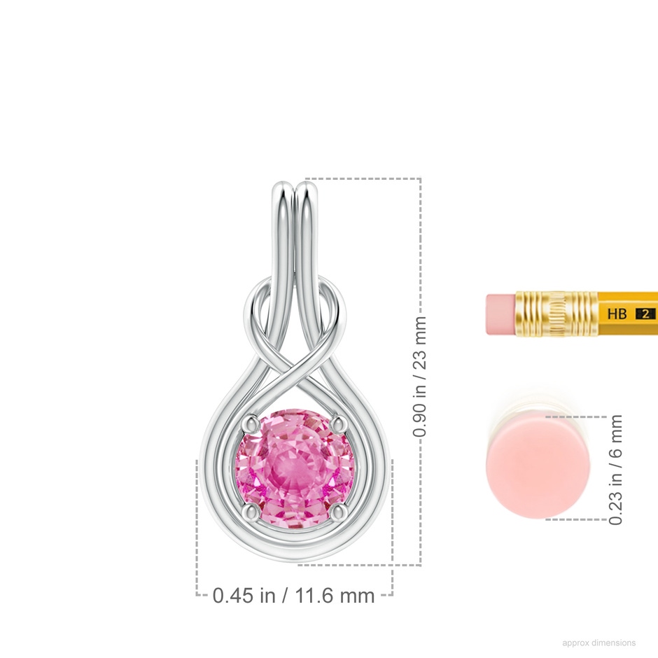 7mm AA Round Pink Sapphire Solitaire Infinity Knot Pendant in White Gold ruler