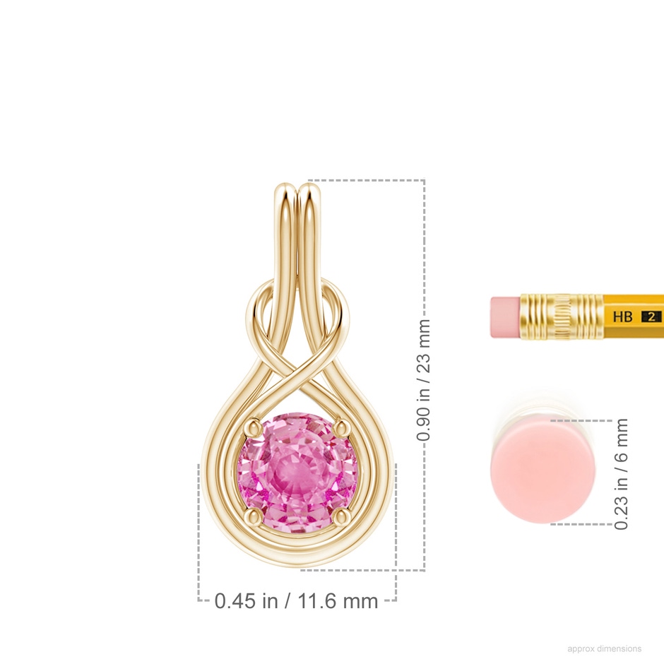 7mm AA Round Pink Sapphire Solitaire Infinity Knot Pendant in Yellow Gold ruler