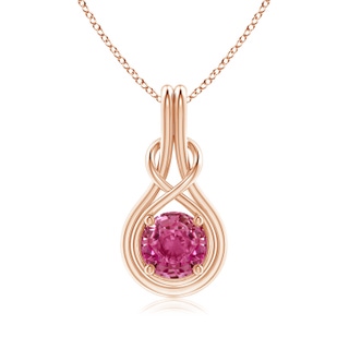 7mm AAAA Round Pink Sapphire Solitaire Infinity Knot Pendant in 9K Rose Gold