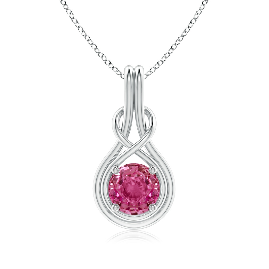 7mm AAAA Round Pink Sapphire Solitaire Infinity Knot Pendant in White Gold 